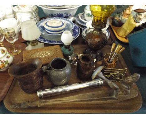 A Tray of Sundries to Include Oil Lamp, Inlaid Box, Carved Wooden Vases, Silver Plated Birth Certificate Holder Etc. 