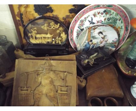 A Tray of Oriental Wares to Include Wooden Panels Carved Pictures Ceramic Plates Etc. 