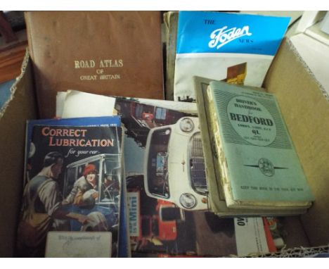 A Box of Motoring Ephemera to Include Hillman Minx Instruction Book Fordson Instruction Book Vauxhall Cars Bedford Three Tonn