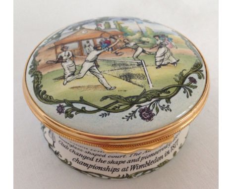 An Halycon Days enamel trinket/pill box 'Tennis' depicting a game in the 19th century, 6cm diameter.