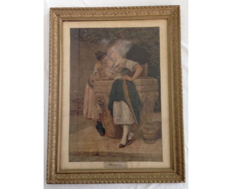 A Victorian framed & glazed coloured print 'Engaged' from the picture by E. De Plaas. 72 x 54cm.