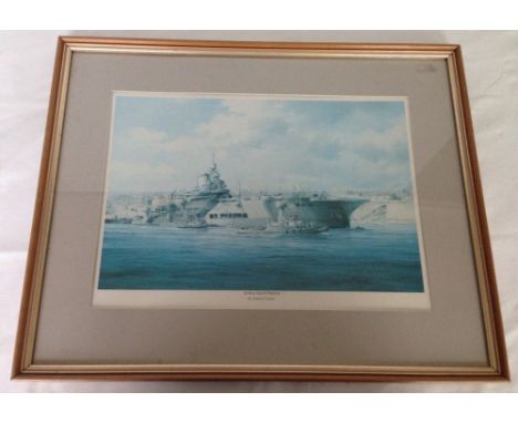 A framed & glazed Robert Taylor naval print HMS Illustrious moored in Malta Harbour 1943. 45 x 55cm.