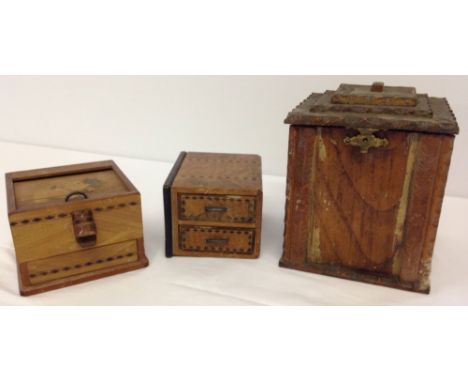 3 wooden boxes to include a novelty dog cigarete dispenser and a 2 pack playing card holder.