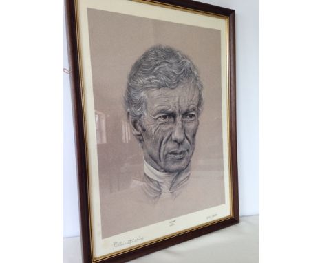 A framed & glazed signed horse racing print of Lester Piggott by Robin Elvin, 391/499. 59 x 43cm.