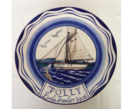A Poole Pottery hand painted plate of 'Polly' Poole Trawler 1906. 27cm diameter.