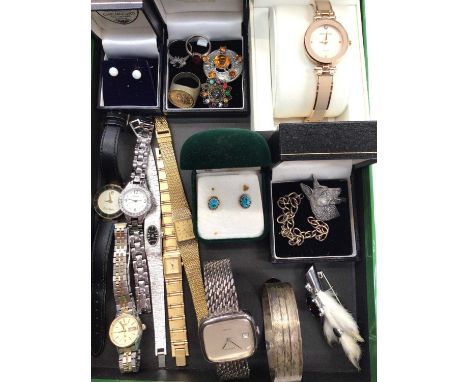 Group of wristwatches and jewellery including a silver Tewor watch, silver bangle etc