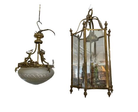 Frosted glass and gilt metal hall lantern, with cut glass hemispherical shade, approximately 46cm high, together a hexagonal 