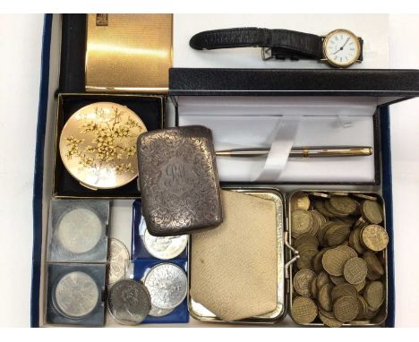 Antique silver cigarette case, two vintage Stratton compacts, Parker biro pen in case, a wristwatch and a selection of coins 