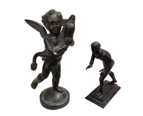 Bronze figure of Cupid holding a classical dolphin, together with another small bronze male figure in a fighting stance (2)