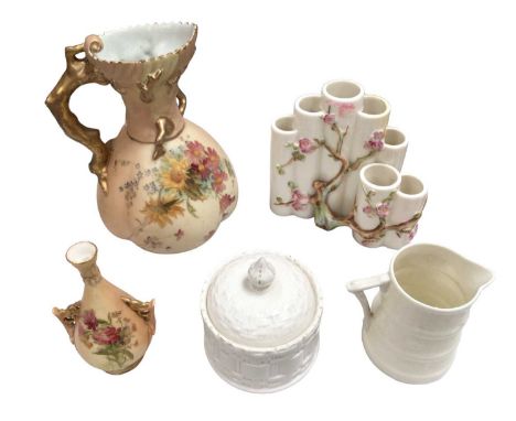 Royal Worcester blush ivory jug and small bottle vase, together with three other pieces of Worcester