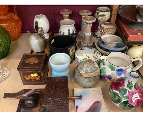 Collection of ceramics to include Victorian Doulton Silicon pottery candlesticks, Studio pottery, Art pottery, similar wares 