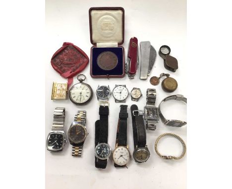 Silver pocket watch together with various other watches including Seconda, Timex, Mortimer etc and sundries