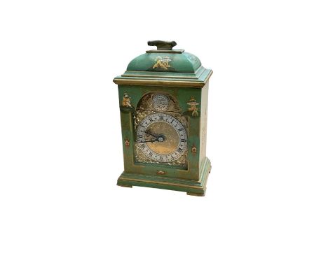 Chinoiserie lacquered mantel clock, inscribed 'Tempus Fugit' to the front, 18.5cm highHaving wound it up it ticks and is work