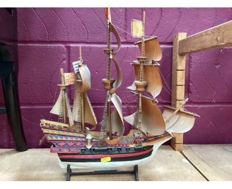 Selection of world wines and miniature port, both in presentation boxes, plus model galleon