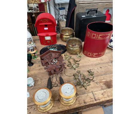 Sundry items, including a reproduction post box, a cuckoo clock, typewriter, etc