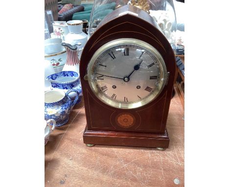 Edwardian mantel clock in inlaid mahogany case.