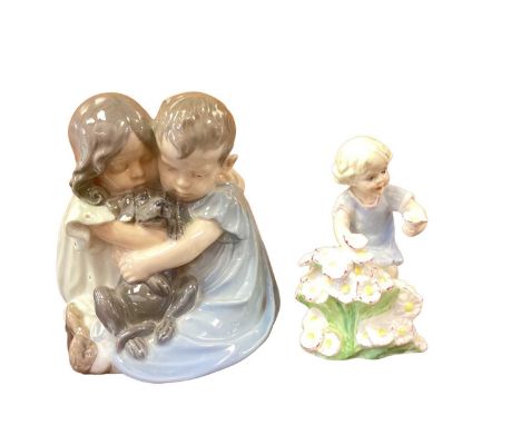Royal Copenhagen figure group - seated boy and girl with dog, no. 707, together with a Royal Worcester figure - May (2)