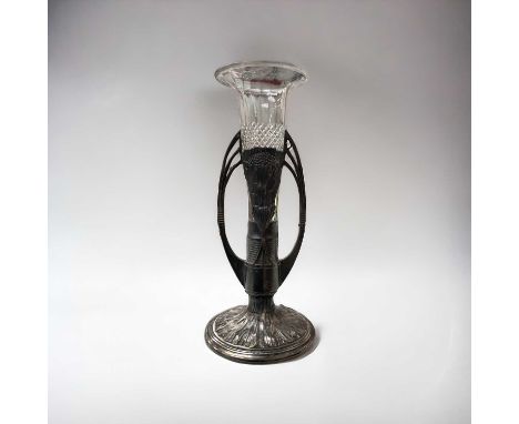 German Art Nouveau metalware spill vase by Orivet with original cut glass trumpet shape liner