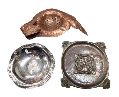 Keswick School of Art silver plated hammered dish, signed, together with an Art Nouveau copper dish and a copper strainer (3)