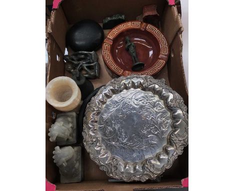 Silver plated card tray, small bronze female figure sculpture, pair of carved soapstone foo dogs, carved wood base, large pot