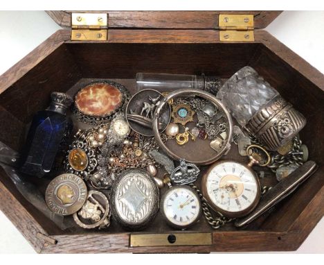 Continental silver pocket watch and fob watch, three glass scent bottles, silver bangle, other jewellery and bijouterie