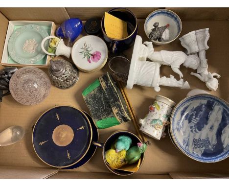 Group of silver plate, china etcThe blue and white tea bowl is cracked, one of the saucers is chipped and cracked. The others