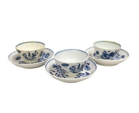Three 18th century Worcester blue and white tea cups and saucers