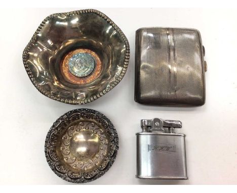 Silver cigarette case, silver salt, plated coin dish and a Ronson lighter