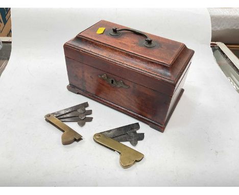 Georgian tea caddy (lacking interior) together with two fleams (3).