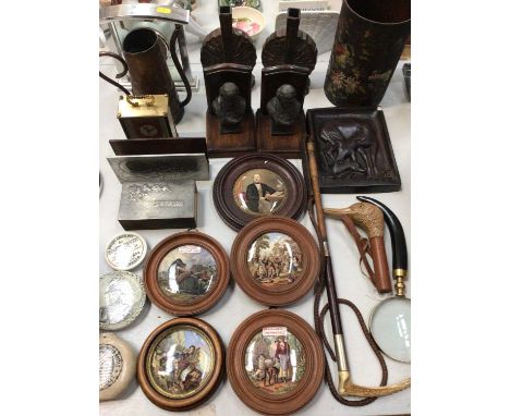 Prattware pot lids, pair of Japanese copper vases, pair of book ends, riding crop and other items