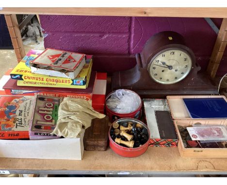 Collection of vintage games, Edwardian oil lamp, elephant table lamp, Edwardian mantel clock and sundries