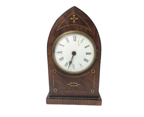 19th century mahogany and brass inlaid lancet shaped bracket clock with enamel dial 29cm high