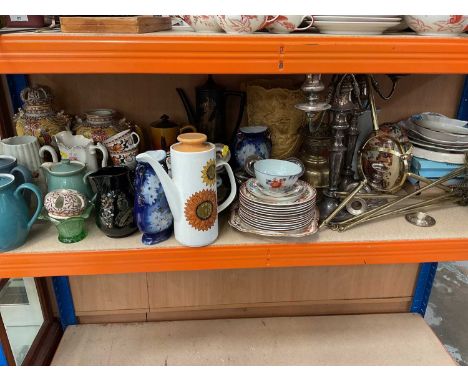Various ceramics, candlesticks and metalwares (1 shelf)