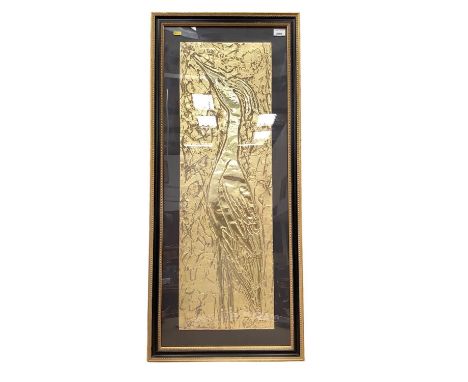 Ann Dergara, contemporary, mixed media and embossed metal etching - Cranes, in glazed frame