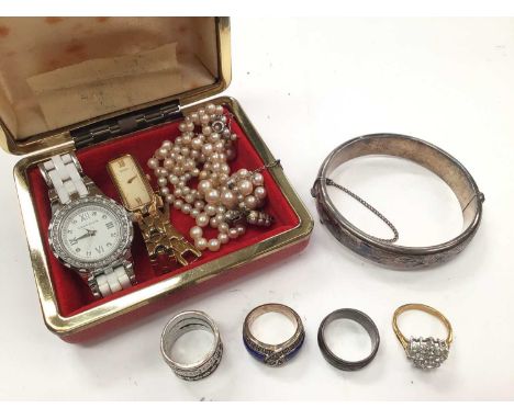 Silver bangle, three silver rings, costume jewellery and two wristwatches
