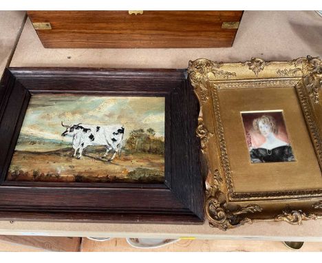 19th century portrait miniature on ivory of a woman (APHA Ref: 9RRJN8V2), together with a naive oil painting of a cow (2)