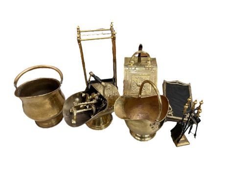 Group of brassware, including coal scuttles, fire tools, stick stand, etc