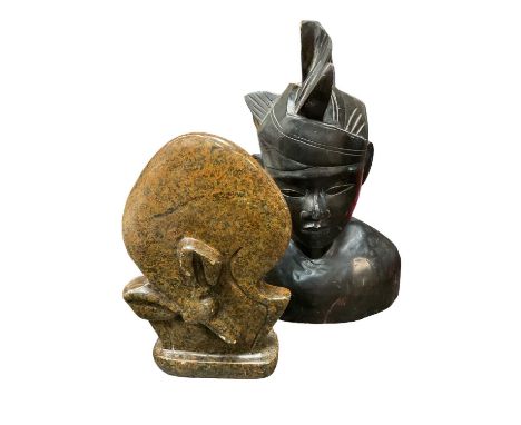 Nigerian Shona school carved stone carving by T Mtasa, 28cm high, and a Balinese carved wood sculpture