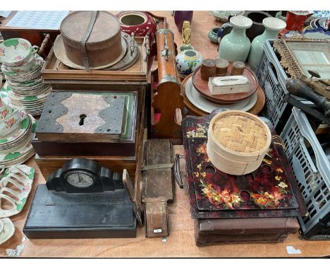 Collection of various treen to include oak lazy Susan, oak tantalus frame, large gothic lock and other items.