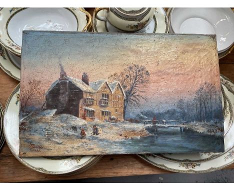 Oil on canvas of a snow-covered house with children playing, signed J. Barton 1885, 46cm x 28cm
