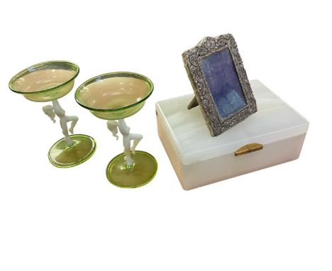 Onyx cigarette box, together with A miniature silver photo frame and a pair of Art Nouveau glasses