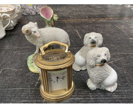 Carriage clock, Staffordshire figurines and a collection of prints