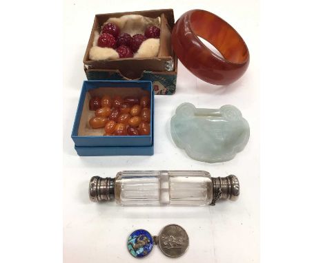 Chinese jade/ green hard stone plaque/ pendant, simulated amber beads, other carved beads, bangle, two silver St. Christopher