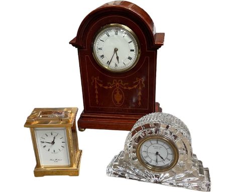 Edwardian inlaid mantel clock, Waterford crystal clock, and a Thomas Braithwaite brass cased carriage clock (3)