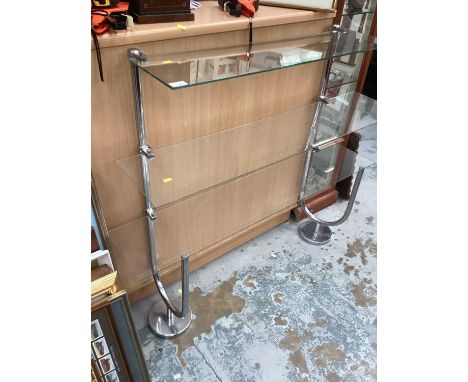 Art Deco chromium and glass three tier display shelves with U shape tubular chrome supports and adjustable shelves117cm wide,