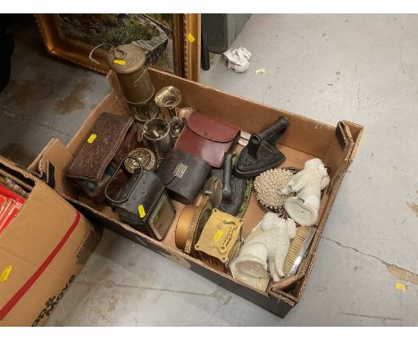 Miscellaneous group of items to include a 19th century Blackforest carved wooden jewellery box, brass miner's lamp, Raydyct p