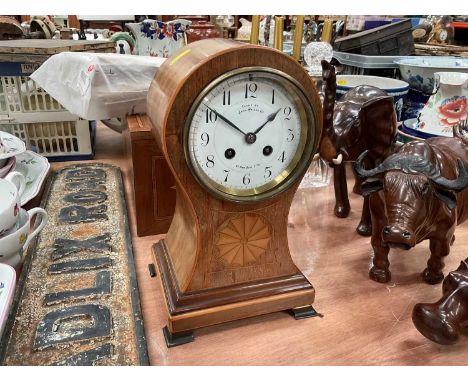 Edwardian inlaid mahogany cased balloon mantel clock, retailed by John Walker Ltd., 63 New Bond Street, 29.3cm highClock is i