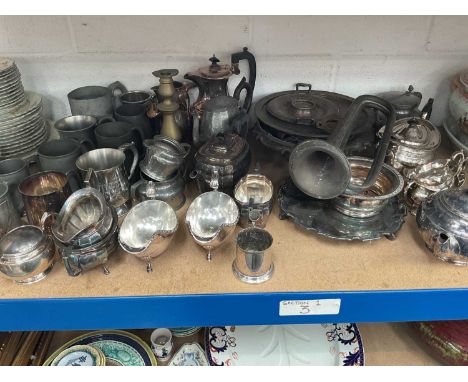 Group of silver plate, pewter, and a bugle