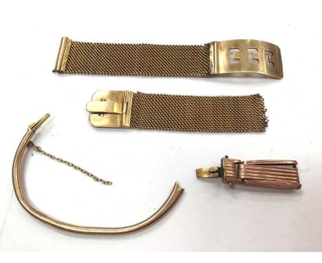 9ct gold mesh watch bracelet, part of a yellow metal bangle and a yellow metal link/claspMesh watch bracelet is marked 'Chain