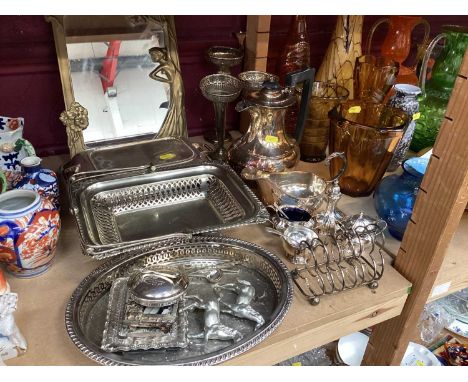 Selection of plated ware and art Nouveau style mirror